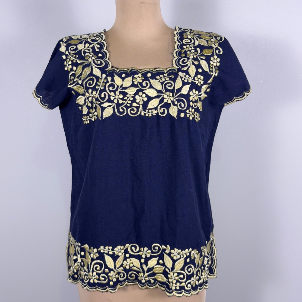 Vintage Embroidered Blouse M/L Women 36 Navy Blue Excellent Gold Huipil Boho Top